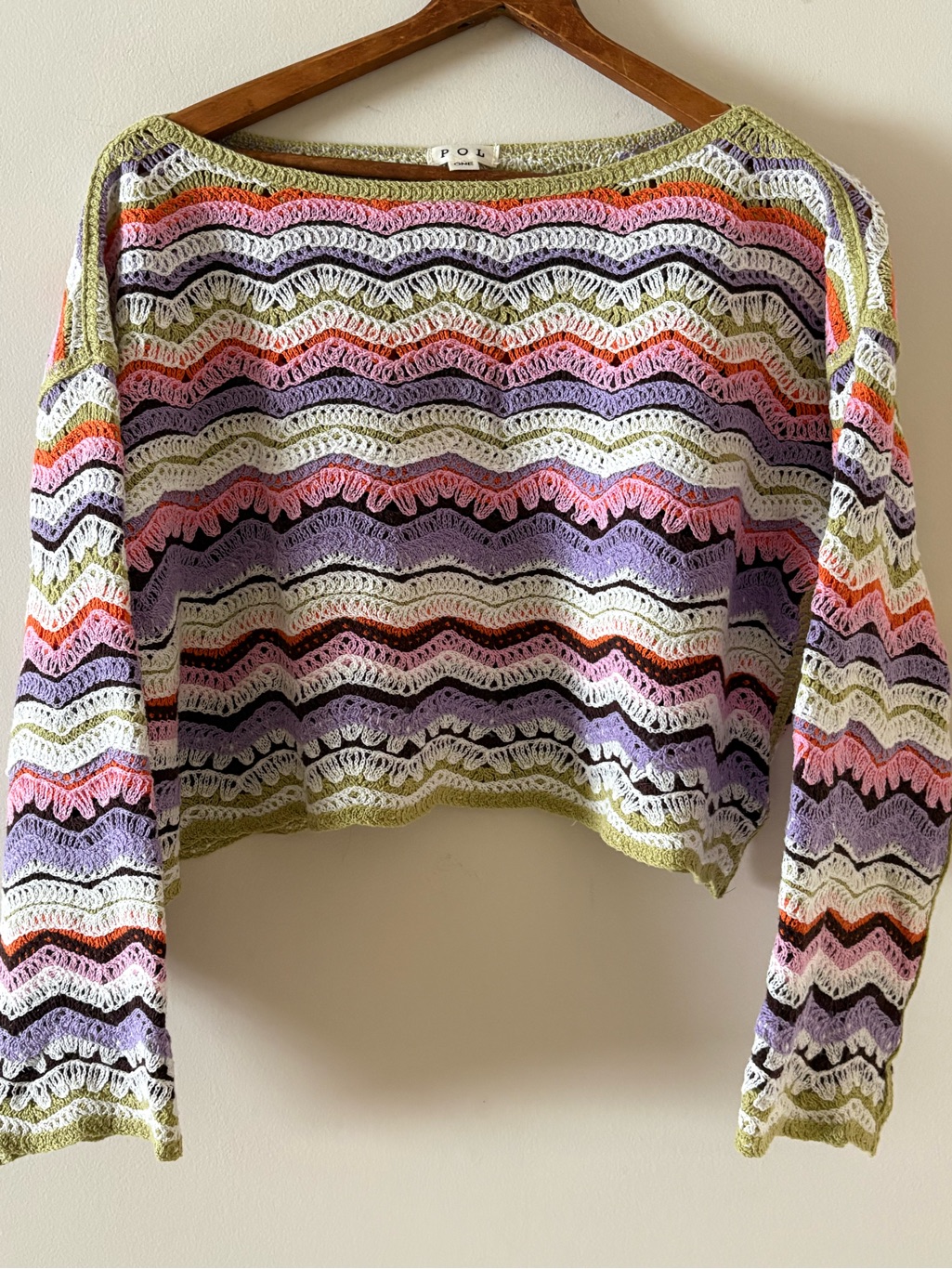 Pol Crochet Wave Stripe Sweater - Green Pink Orange Lavender White Nwot